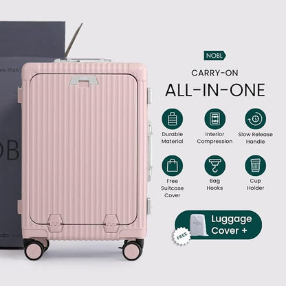 Nobl Travel Carry On Luggage, Noble Zipperless Aluminum Frame PC Hard Shell Suitcase, 22.5x15x9.5 Airline Approved, 360° Spinner Wheels, TSA Locks, USB Charging Port, Cup & Phone Holder - Blush