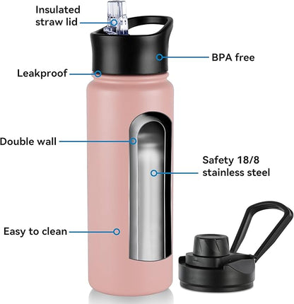 24oz Insulated Water Bottle with Straw Lid, Stainless Steel Metal Water Bottle with Straw & Wide Mouth Lid, Double Wall Vacuum Water Bottle for Hiking Camping, Pink 4 Pack