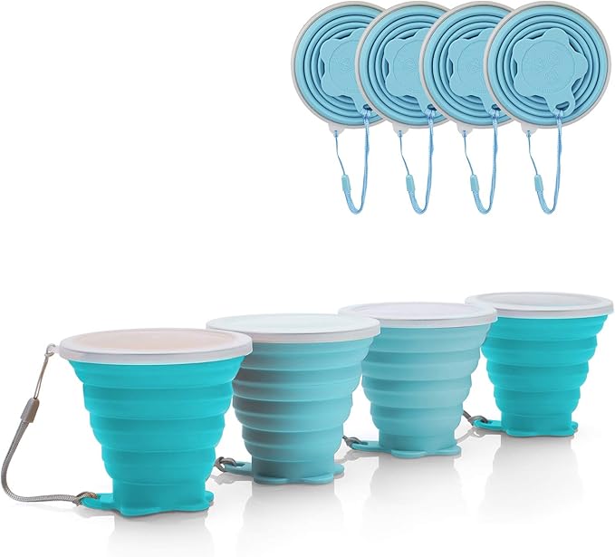 JBER Silicone Collapsible Travel Cup, 4 Pack Silicone Folding Camping Cup with Lids Expandable Drinking Cup Set BPA Free Reusable Portable Graduated for Outdoor Hiking Travel