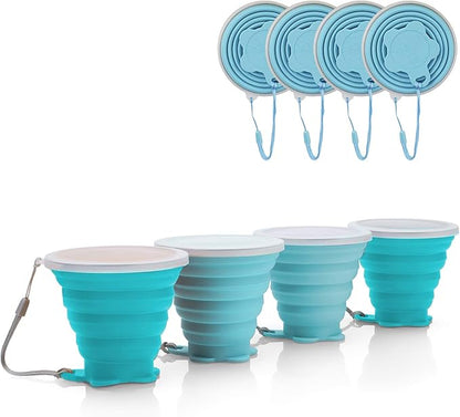 JBER Silicone Collapsible Travel Cup, 4 Pack Silicone Folding Camping Cup with Lids Expandable Drinking Cup Set BPA Free Reusable Portable Graduated for Outdoor Hiking Travel