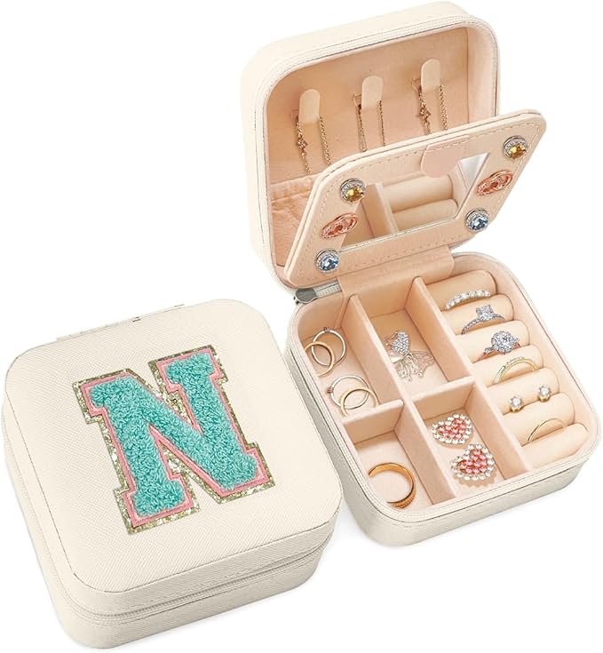 SANDJEST Personalized Jewelry Box, White Travel Jewelry Box with Initial N, Small Monogrammed Jewelry Case Organizer for Girls Women Teen Kids, Mini Travel Essentials Gifts for Birthday Christmas