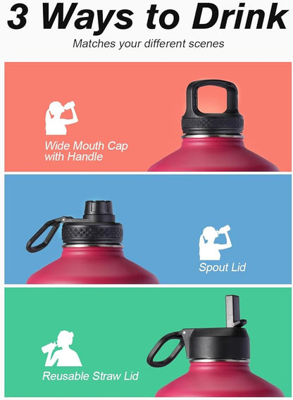 Coolflask 128 oz Gallon Water Bottle Insulated with Straw&3 Lids, Water Jug Large Stainless Steel Metal Vacuum Wide Mouth for Sports, Gym or Office, Non-BPA Keep Cold 48H Hot 24H, Ombre Wine/Navy