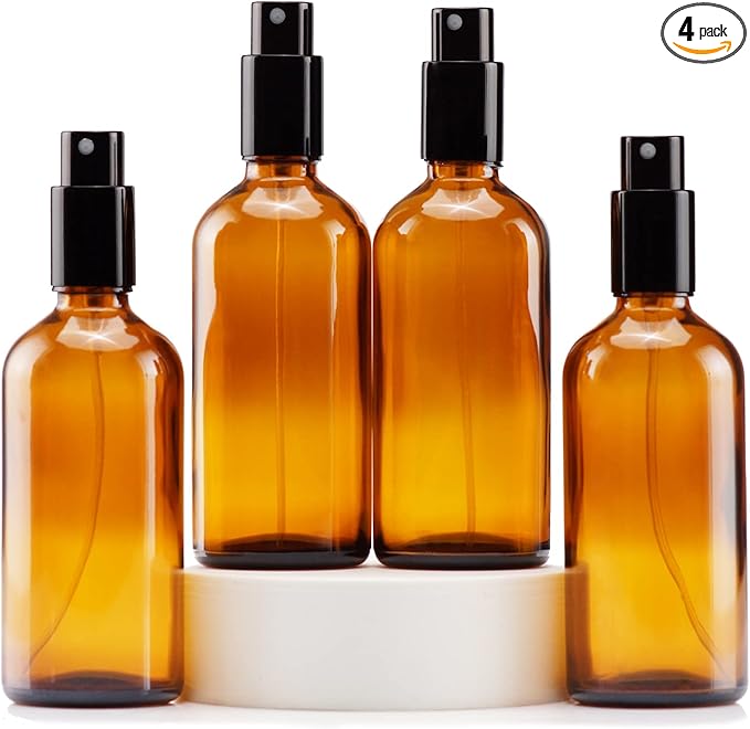 YIZHAO Amber Glass Spray Bottles 4oz, with Small Fine Mist Spray, Metal Cap, Refillable for Essential Oil,Travel,Cleaning,Perfume,Aromatherapy,Makeup – 4 Pcs
