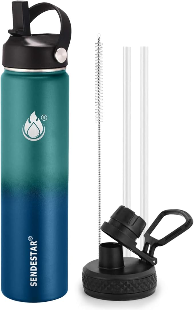 Insulated Water Bottle 24 oz with Straw, Stainless Steel Wide Mouth Water Bottle, Double Wall Vacuum Leak Proof with Straw Lid & Spout Lid for Sports or Office, Keep Cold or Hot Up to 24 Hrs