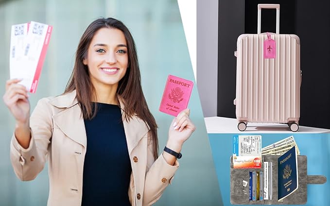 Passport Holder With Luggage Tag Cover Wallet RFID Blocking Leather Case Travel Essentials Accessories Travel Must Have(114#Blue)