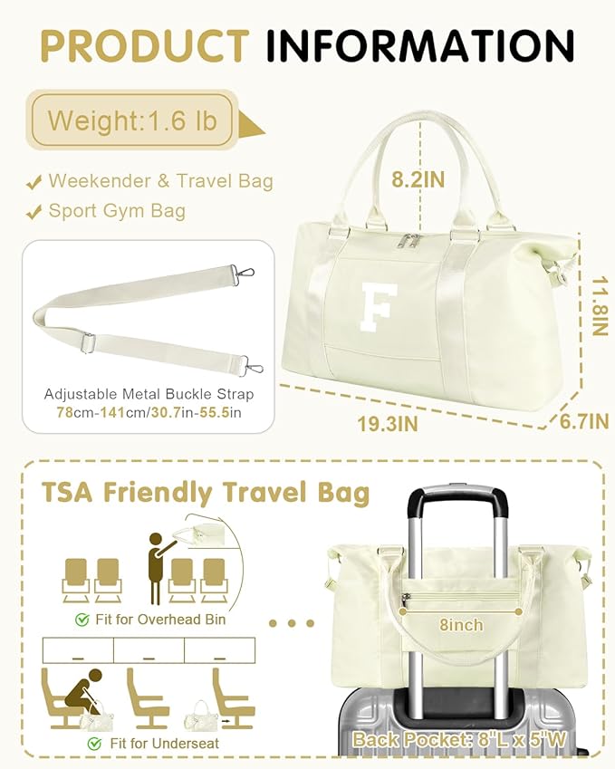 Initial Travel Duffel Bag Sports Gym Bag for Kids Teen,Beige Personalized Weekender Carry On Cheer Dance Bags for Girls Women Men,Waterproof Overnight Bag Monogram Birthday Christmas Gifts(Letter F)