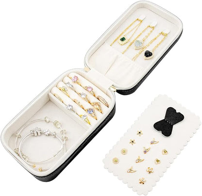 BONNY DODO Small Travel Jewelry Organizers Box for women with PU Leather Portable Mini Jewelry Case with compartments for Necklace Rings Earrings,Luxury Giftable boxes. (Black, M)