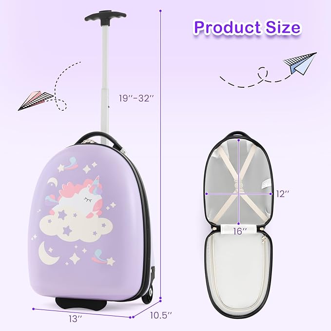 HONEY JOY Kids Luggage, 16” Children Rolling Suitcase w/Wheels & Telescopic Handle, Hard Shell Lightweight Travel Luggage for Toddlers, Carry On Luggage with Wheels for Boys Girls(Purple Unicorn)