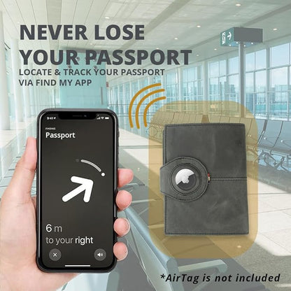 GARZINI Passport Holder with AirTag, Passport Wallet with RFID, Travel Accessories, Travel Document Holder with ID Window, Leather Passport Holder for 7 Cards, Brushed Black