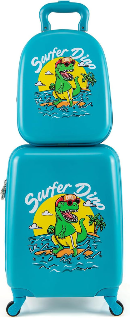 HONEY JOY Kids Luggage, Travel Backpack & Hard Shell Toddler Suitcase, Children Rolling Luggage with Wheels, Retractable Handle & 4 Casters, 2Pcs Carry On Luggage Set for Boys Girls(Green Dinosaur)