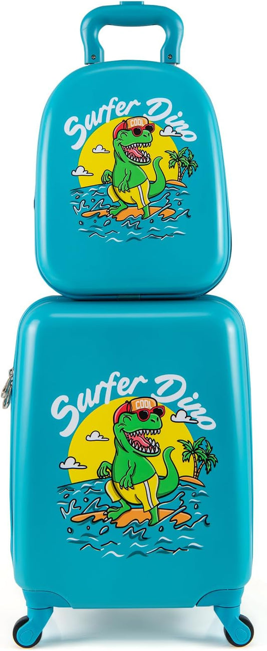 HONEY JOY Kids Luggage, Travel Backpack & Hard Shell Toddler Suitcase, Children Rolling Luggage with Wheels, Retractable Handle & 4 Casters, 2Pcs Carry On Luggage Set for Boys Girls(Green Dinosaur)