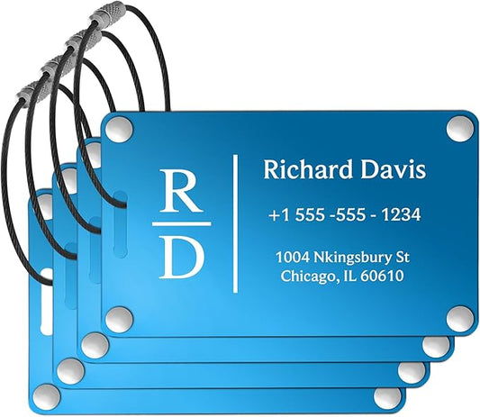 Luggage Tags for Suitcases 4 Pack: Personalized Luggage Tags for Backpacks & Bags Tags with Coustomizable Texts (Blue)