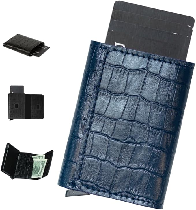 Jenoss Smart Wallet For Men: Full Grain Leather, Handcrafted, Slide Metal Pop Up Case, Slim RFID Blocking Credit Card Holder, Minimalist, Compact, 6-8 Cards Organizers, Front Pocket, Money Clip (Navy)