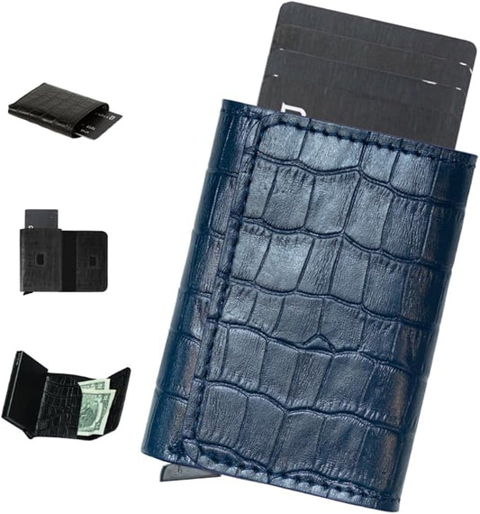 Jenoss Smart Wallet For Men: Full Grain Leather, Handcrafted, Slide Metal Pop Up Case, Slim RFID Blocking Credit Card Holder, Minimalist, Compact, 6-8 Cards Organizers, Front Pocket, Money Clip (Navy)