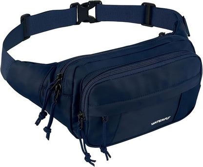 WATERFLY Fanny Pack Waist Packs: Large Crossbody Fanny Packs for Women Men with 5 Zipper Pockets Adjustable Strap Waist Bags Hip Pack for Traveling Cycling Running Hiking-Navy Blue