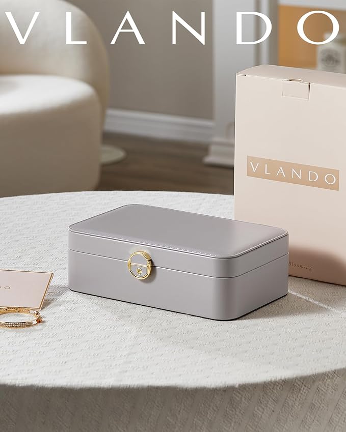 Vlando 2 Layer Jewelry Box,Jewelry Organizer Storage Lockable Earring Organizer Removable Jewelry Tray with Watch Pillow for Neckable Ring Bracelets-Grey