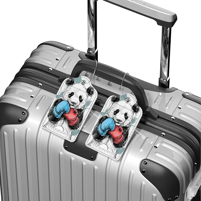 Funny PU Leather Luggage Tags 2-Pack Cool Boxing Panda Cute Pattern Suitable for Suitcase Stainless Steel Loop and Address Card Essential for Cruise and Airport Travel for Men and Women