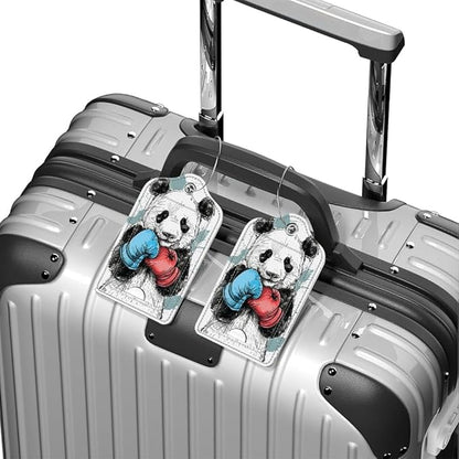 Funny PU Leather Luggage Tags 2-Pack Cool Boxing Panda Cute Pattern Suitable for Suitcase Stainless Steel Loop and Address Card Essential for Cruise and Airport Travel for Men and Women