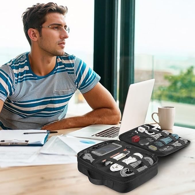 MATEIN Cable Organizer Bag, Large Travel Storage Bag Sturdy Tool Case with Handle for Phone Cord Electronics Accessories, Carrying Case for Tablet (Up to 12.9inch), Powerbank, Hard Drive, Black