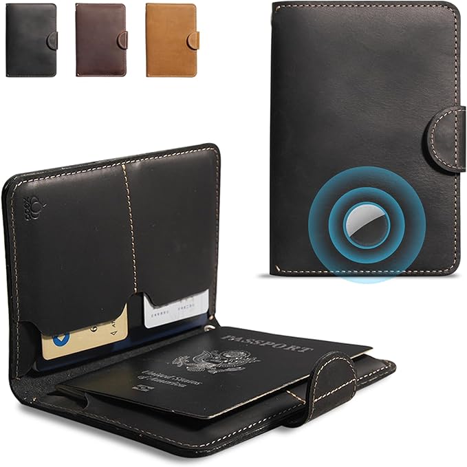 Genuine Leather Passport Holder for Travel - Rfid Passport Wallet with Hidden AirTag Slot, for 2 Passport Capacity, 2 Card Slots,for Men & Women & Family - Button Bifold Hidden Airtag Slot Style,Black