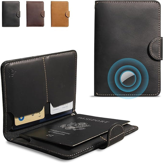 Genuine Leather Passport Holder for Travel - Rfid Passport Wallet with Hidden AirTag Slot, for 2 Passport Capacity, 2 Card Slots,for Men & Women & Family - Button Bifold Hidden Airtag Slot Style,Black