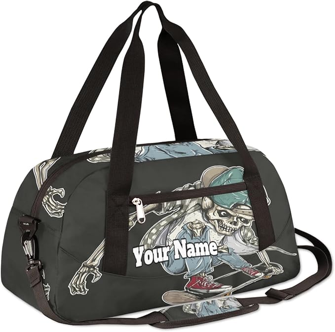 Custom Your Name Cool Human Skeleton Skateboard Personalized Text Gym Duffle Bag for Kids,Sports Bag for Teens Boys & Girls Small Waterproof Overnight Weekender Carry School Practice Travel Bag