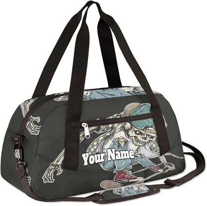 Custom Your Name Cool Human Skeleton Skateboard Personalized Text Gym Duffle Bag for Kids,Sports Bag for Teens Boys & Girls Small Waterproof Overnight Weekender Carry School Practice Travel Bag