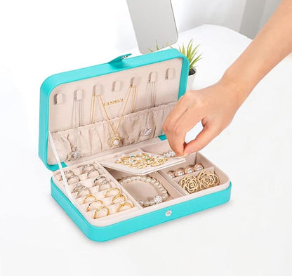 LANDICI Small Jewelry Box for Women Girls, PU Leather Travel Jewelry Organizer Case, Portable Jewellery Storage Holder Display for Ring Earrings Necklace Bracelet Bangle Watch Men Kids Gift, Lake Blue