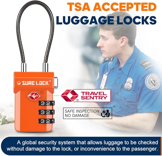 SURE LOCK TSA Approved 3-Digit Combination Luggage Locks – Open Alert Indicator, Re-settable Code with Zinc Alloy Body, Easy-Read Dials for Suitcase, Backpack, Gym Locker & Toolbox (Multiple Colors)