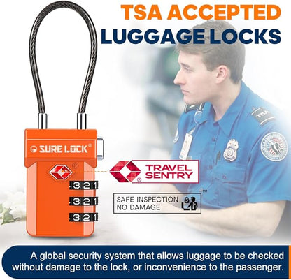 SURE LOCK TSA Approved 3-Digit Combination Luggage Locks – Open Alert Indicator, Re-settable Code with Zinc Alloy Body, Easy-Read Dials for Suitcase, Backpack, Gym Locker & Toolbox (Multiple Colors)