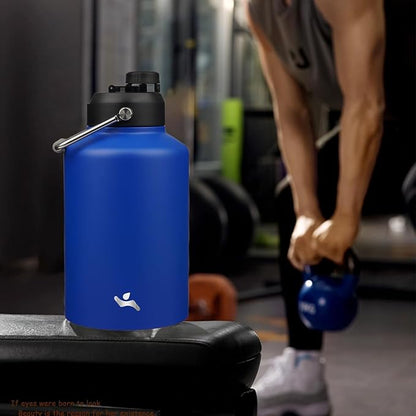 1 Gallon Jug with Handle,128 oz Insulated Water Bottle with Carrying Pouch, Double Wall Vacuum Stainless Steel Metal Bottle,Blue