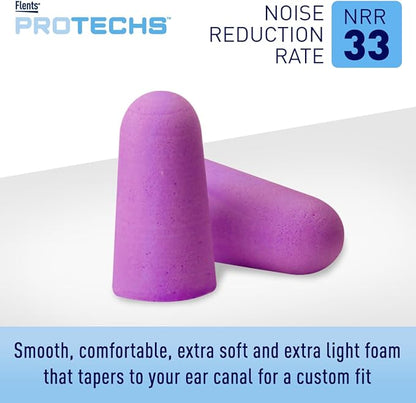 Flents Protechs Foam Ear Plugs, 70 Pair for Sleeping, Snoring, Loud Noise, Traveling, Concerts, Construction, Studying, Work, Shooting, NRR 33, Noise Cancelling, Disposable Purple, Made in the USA