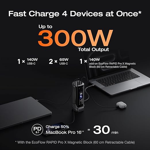 EF ECOFLOW Rapid Pro X Power Bank, 27650mAh, 300W, 140W Built-in Cable, 3-Port Portable Charger, 140W Output, Up to 320W Recharge, 3.9" Display, 2 ft Retractable Cable, Compatible with iPhone, Laptop