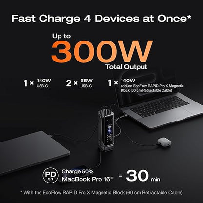 EF ECOFLOW Rapid Pro X Power Bank, 27650mAh, 300W, 140W Built-in Cable, 3-Port Portable Charger, 140W Output, Up to 320W Recharge, 3.9" Display, 2 ft Retractable Cable, Compatible with iPhone, Laptop