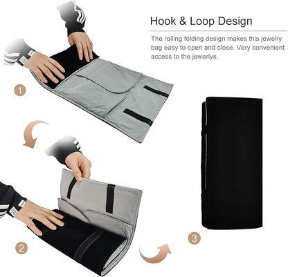 Velvet Travel Jewelry Case Roll Bag Organizer for Necklace Bracelet Earrings Ring (Black) (grey and black)