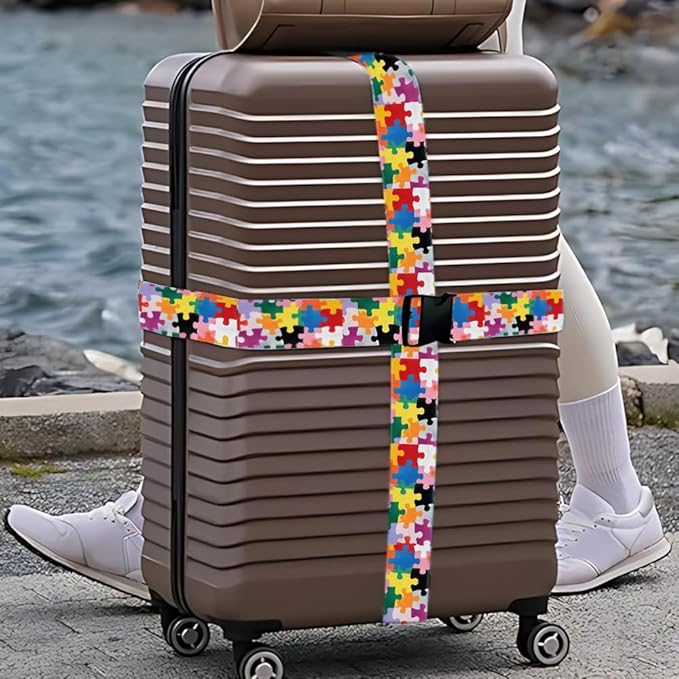 2PC,Puzzle Pattern Luggage Strap 1.97 x 70.84 inch Colorful Piece Design Adjustable Suitcase Belt Durable Nylon Baggage Identifier Creative Travel Accessory for Family Trips