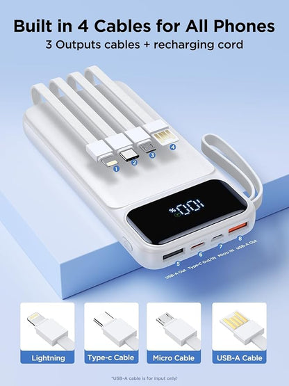 Power Bank, Portable Charger with Built in Cable 22.5W Fast Charging Battery Pack 10000mAh Slim 6 Outputs 3 Inputs LED Display Phone Charger for iPhone Samsung Pixel Moto iPad Travel Essential Gift