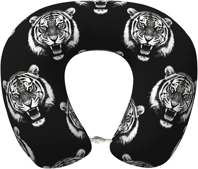 Neck Travel Pillow, Women Men Washable Airplane Car Pillows Tiger Black and White, Head Support Rest U Shaped Cushion Comfortable for Watching TV