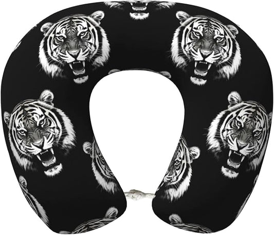 Neck Travel Pillow, Women Men Washable Airplane Car Pillows Tiger Black and White, Head Support Rest U Shaped Cushion Comfortable for Watching TV