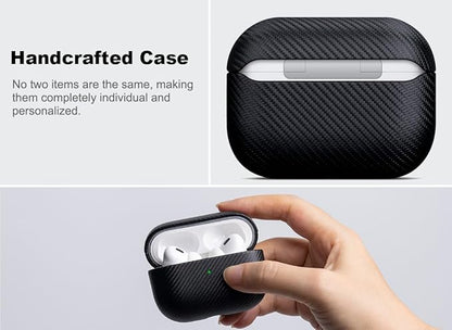 for AirPods Pro 3 Case Cover - Selected Vegan Leather, Carbon Fibre Texture, Handmade Drop Protective Hard Cover, Qi and MagSafe Charging Compatible - AirPods Pro 3rd Generation Case - Black