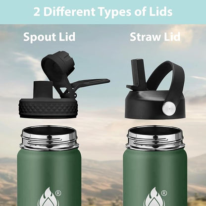 Insulated Water Bottle 24 oz with Straw, Stainless Steel Wide Mouth Water Bottle, Double Wall Vacuum Leak Proof with Straw Lid & Spout Lid for Sports or Office, Keep Cold or Hot Up to 24 Hrs