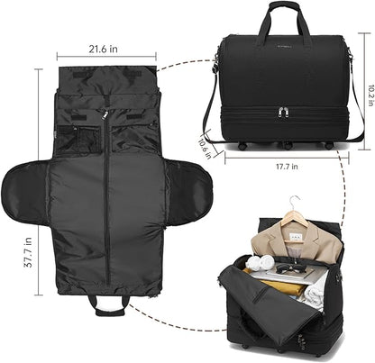 Collapsible Rolling Garment Bags, Large Rolling Duffle Bag with Wheels Convertible Travel Garment Bag for Men Women Carry On Garment Bag for Travel Suitcase Suit Business Travel Bag, Black