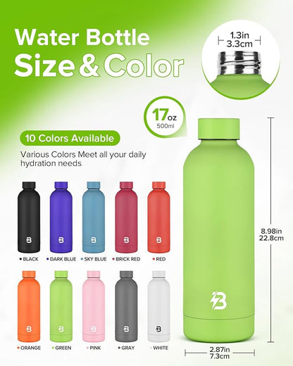 Insulated Water Bottle with Lid, 17 oz Reusable Leak-Proof Metal Stainless Steel Water Bottles for Travel, Sports, Gym, Outdoor (Green)