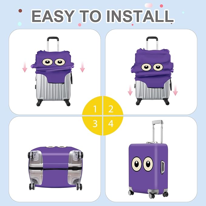 ANNA QUEEN Funny Cartoon Eyes Luggage Cover, Purple Suitcase Protector with Cute Big Eyes Design, Travel Suitcase Cover for 32-34 Inch Luggage, Stretchable & Washable Spandex Travel Accessories