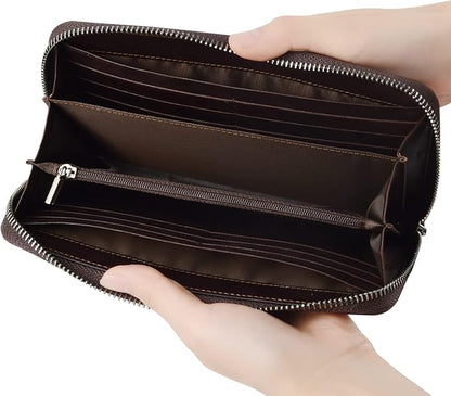 VISOUL Leather Long Zipper Pouch Wallet for Men and Women with RFID Blocking, Large Clutch Cash Long Wallet with Zipper (Coffee)