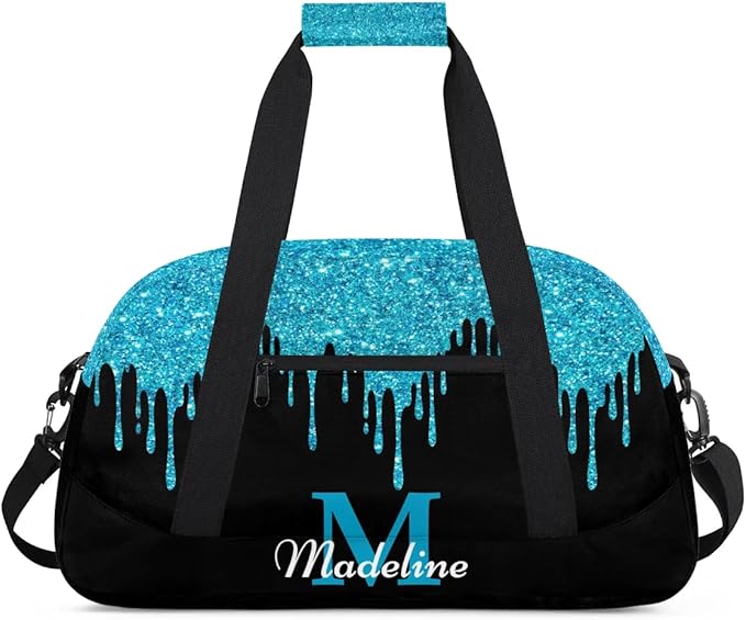 Personalized Kids Sports Duffel Bag with Name Custom Weekender Overnight Bag for Boys Girls Gym Bag Travel Dance Gymnastics Duffel Bag, Blue Shiny