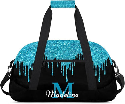 Personalized Kids Sports Duffel Bag with Name Custom Weekender Overnight Bag for Boys Girls Gym Bag Travel Dance Gymnastics Duffel Bag, Blue Shiny