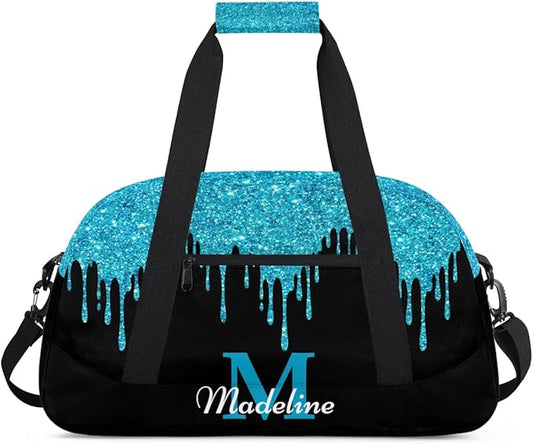 Personalized Kids Sports Duffel Bag with Name Custom Weekender Overnight Bag for Boys Girls Gym Bag Travel Dance Gymnastics Duffel Bag, Blue Shiny