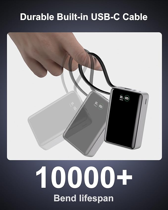 Portable Charger 20000mAh,30W PD3.0 and QC4.0 Fast Charging Power Bank,Built in Cable Phone Battery Pack Compatible with iPhone 17 16 15 14 Samsung Google iPad Laptop etc