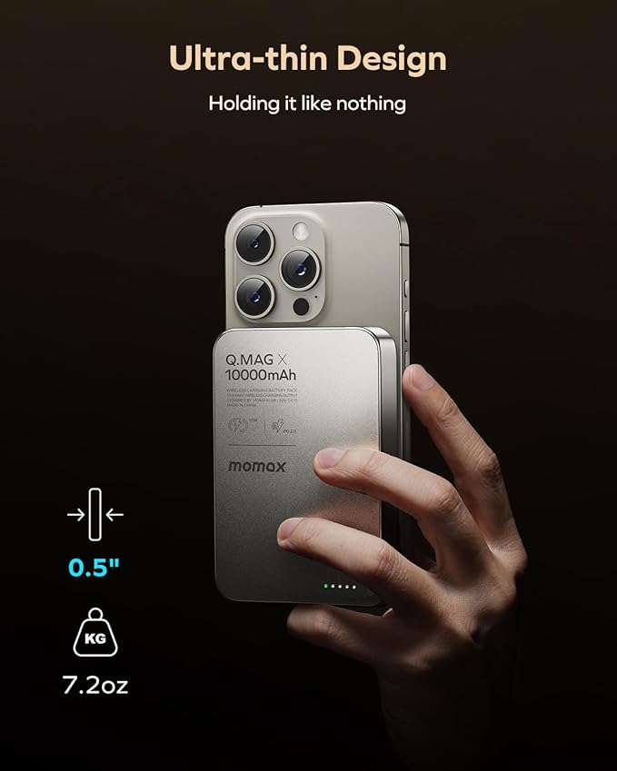 MOMAX Magnetic Power Bank 10000mAh, 20W Fast Charging, Wireless Portable Charger for iPhone 16/15/14/13/12 Series, Magsafe Compatible, USB-C Cable Included